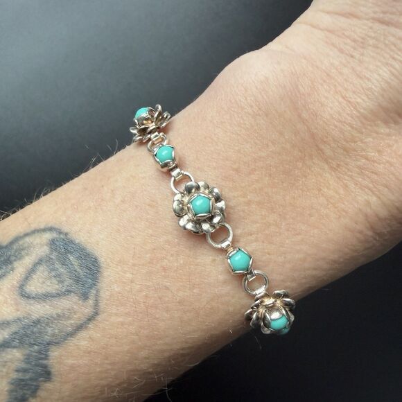VINTAGE 50s TAXCO MEXICO STERLING SILVER TURQUOISE BLOSSOM FLOWER BRACELET 6.5” - Picture 9 of 16